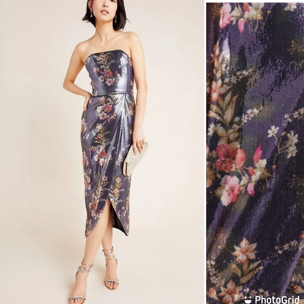 ML Monique Lhuillier Zora Sequined Strapless Midi Dress Size 12